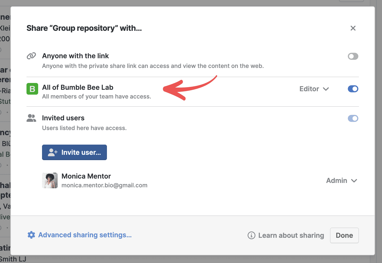 The “Share ‘Group repository’ with…” dialog with a red arrow pointing to the “All of Bumble Bee Lab” row, switched on with an Editor role, above Invited users and an “Invite user…” button.